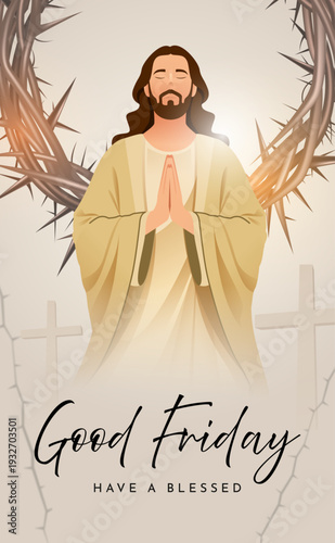 Good Friday Poster Design with Jesus Christ Character and The Crown of Thorns Illustration