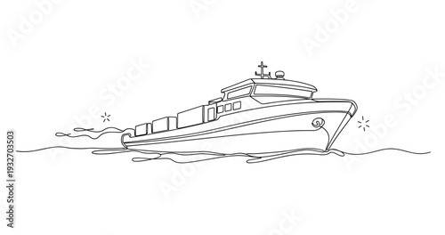 Motorboat cruising along water surface in open sea. No editable stroke