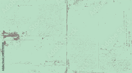 Faded handwritten script on pale green background with scattered ink splatters and textured paper effect