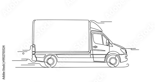 Delivery van driving along road at speed in motion. No editable stroke