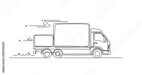Delivery truck driving on road outline minimal line art. No editable stroke