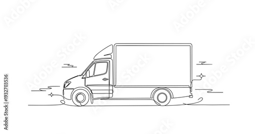 Delivery van driving along road in line drawing minimal outline style. No editable stroke