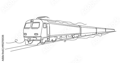 Electric passenger train traveling along track in perspective view. No editable stroke