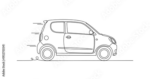 Compact hatchback moving on minimalist road illustration. No editable stroke