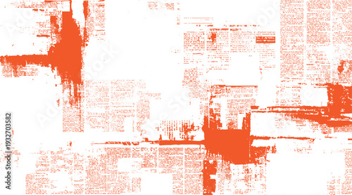 Orange grunge paint strokes overlaying abstract newspaper text pattern background texture