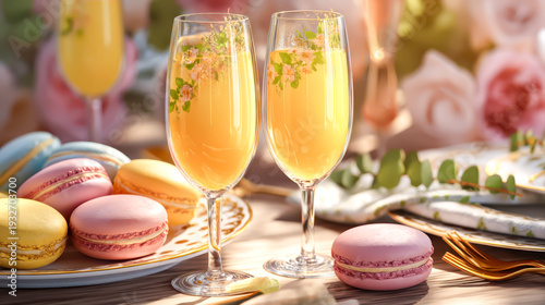 A table set for a festive Mother's Day brunch with mimosa glasses and colorful macarons.