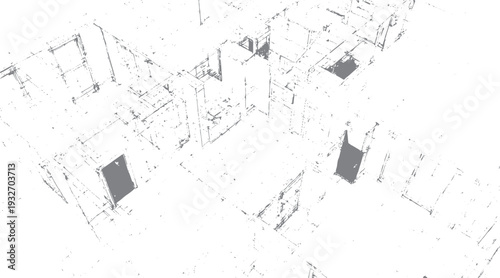 Architectural blueprint of a house interior with rooms and doorways shown in grey lines and solid grey shapes on a white background