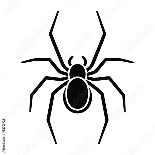 Black spider graphic with white outline on plain background