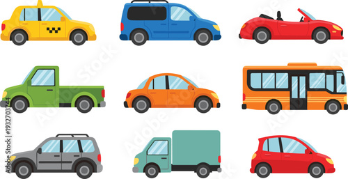 Flat Cartoon Vehicle Collection Set with Taxi, SUV, Convertible, Pickup Truck, Bus, Van and City Cars Isolated on White Background