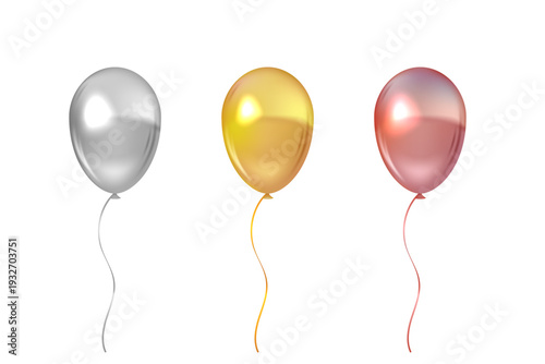 Birthday balloons. Glossy metallic colorful balloons with smooth reflections isolated on light background. Party, birthday, anniversary decoration. Realistic vector illustrations set.