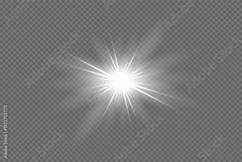 Light glare. White glowing light flare with soft blurred rays on transparent background. Bright shining burst with smooth gradient illumination and radiant glow effect. Abstract vector illustration.