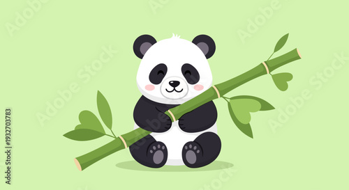 A cute cartoon panda holding a bamboo stalk happily