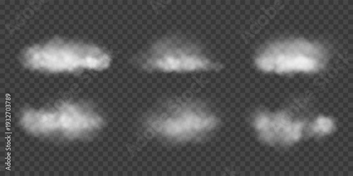White cloud set. Smoke shapes on transparent background. Realistic fog texture with soft edges and natural diffusion. Atmospheric weather elements. Realistic vector illustration.