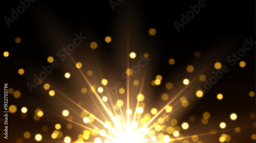 Light glare with glitter explosion and glowing particles on dark. Golden bright sparkling burst radiating warm light dynamic motion effect. Festive glow with bokeh highlights. Vector illustration.