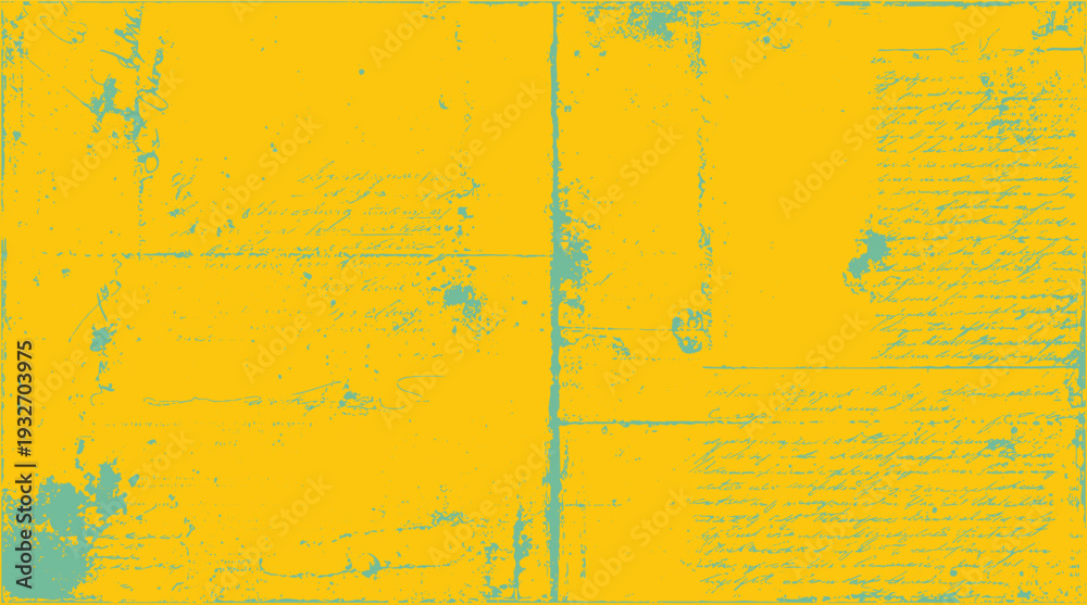 Fototapeta premium Yellow and teal distressed antique document with handwritten script paper