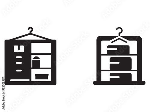 Black and white icons of wardrobe with clothes and hangers for organization and storage  modern design