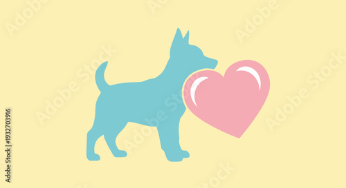 A blue dog silhouette holding a pink heart symbol