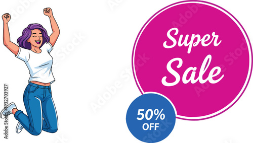 Happy Woman Jumping with Super Sale 50% Off Banner – Promotional Illustration