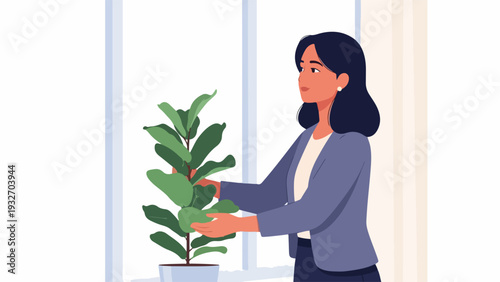 Woman performing indoor plant care, tending to lush green potted plant near bright window. Woman nurtures office foliage, demonstrating mindful indoor plant care for home decor.