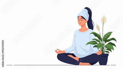 Woman performing meditation practice in lotus position, towel on head, with potted plant. Peaceful meditation practice promotes mental well being, stress relief.