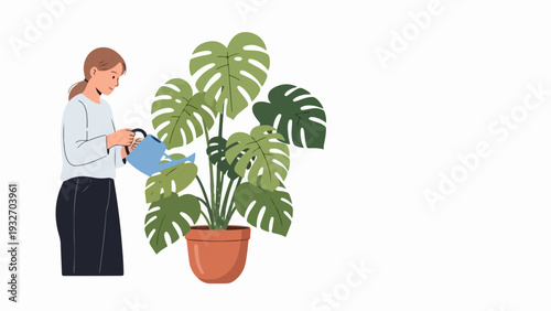 Woman watering houseplant in pot, caring for lush green monstera deliciosa. Plant care activity for healthy indoor plants, demonstrating routine watering houseplant maintenance.