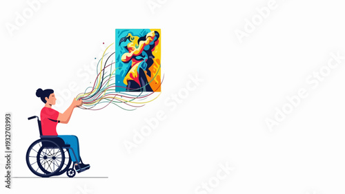 Person in wheelchair engaging with vibrant abstract artwork, symbolizing profound artistic expression. Colorful lines extend from hands to painting,