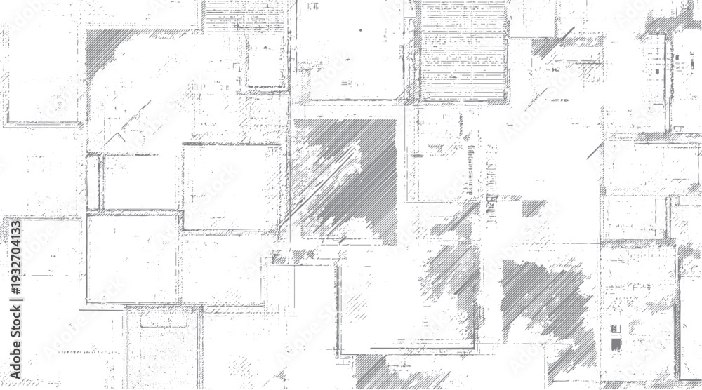 Obraz premium Geometric pattern with hatching and speckles in gray and white tones. Abstract composition with squares and lines. Textured background