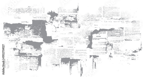 Faded newspaper text with distressed grey ink splatters and smudges on white background print