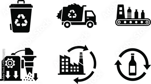 Recycling and Circular Economy Icon Set: Waste Management, Plastic Bottle Processing, Garbage Truck Logistics, Sustainable Factory Manufacturing, and Green Industrial Production Vector Symbols