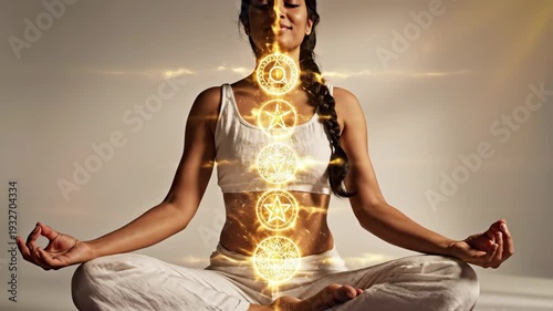 Woman meditating activating all seven chakras energy centers