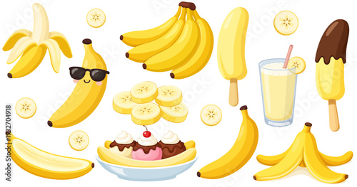 Banana Set With Fruit Smoothie Popsicle Slices Peel And Dessert Collection