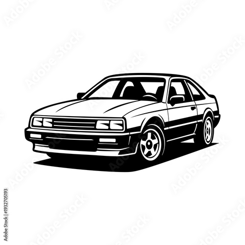Classic Retro Sedan Car Black and White Illustration for Vintage Automotive Design, Transport Icon and Old School Vehicle Art