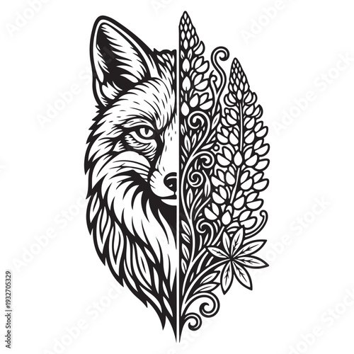 Half Fox Half Floral Botanical Line Art Illustration,Geometric Fox and Wildflower Split Silhouette Design,Minimalist Fox Face with Intricate Floral Mandala Split