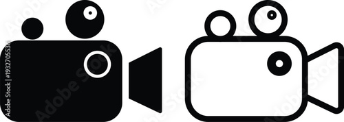 Two vintage-style cameras facing each other with a lens symbol between them