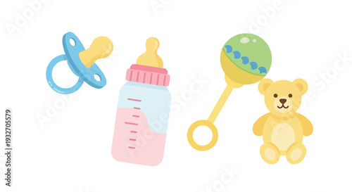 Baby essentials illustration bottle pacifier and toy