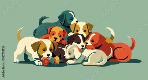 Adorable puppies playing together in a flat retro style illustration