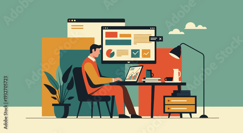 Remote work productivity: modern workspace and technology in a retro flat design