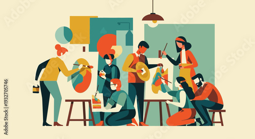 Creative art class with students and teachers in a flat abstract style