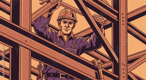 Illustration of a serious construction worker wearing a hard hat, tightening bolts on a steel beam structure with a wrench, showcasing craftsmanship and structural integrity.