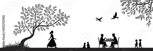 Black silhouette vector illustration of family enjoying outdoor park scene with children, trees, birds, leisure, togetherness, peaceful lifestyle community