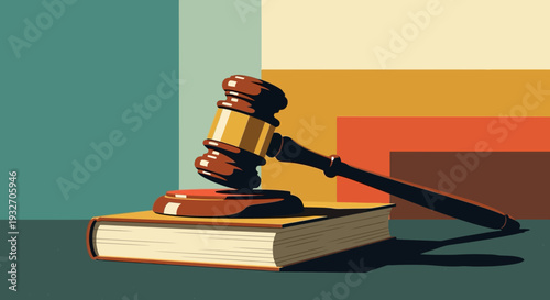 Retro style gavel and law book on colorful background