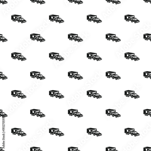 Many small black cars pulling a camping trailer on a white background