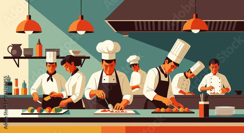 Team of chefs busy in a modern kitchen cooking and preparing meals