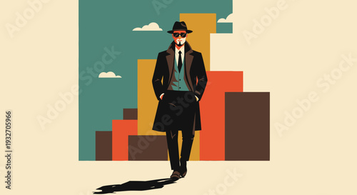 Stylish man in hat and coat walking amidst abstract geometric cityscape