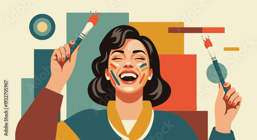 Joyful artist holding paintbrushes with colorful geometric background in retro style