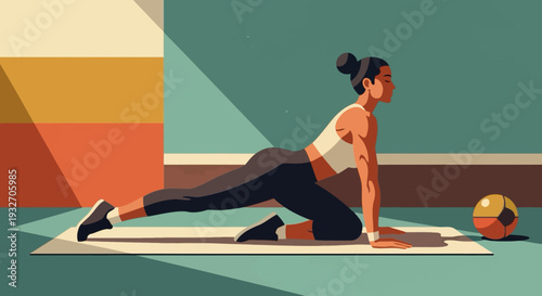 Modern minimalist workout: woman in yoga pose with medicine ball in sunlit gym