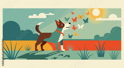 Playful dog enjoying a sunny day with butterflies in a retro landscape