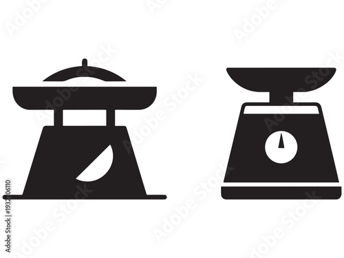 Black and white illustration of two kitchen scales one with a bowl on top and one with a dial on the front for measuring weight  kitchen utensils