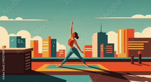 Modern urban yoga on rooftop with colorful cityscape background