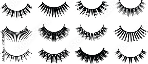 Black silhouette vector illustration of twelve different false eyelash styles arranged in grid, showing natural, dramatic, voluminous cosmetic beauty design